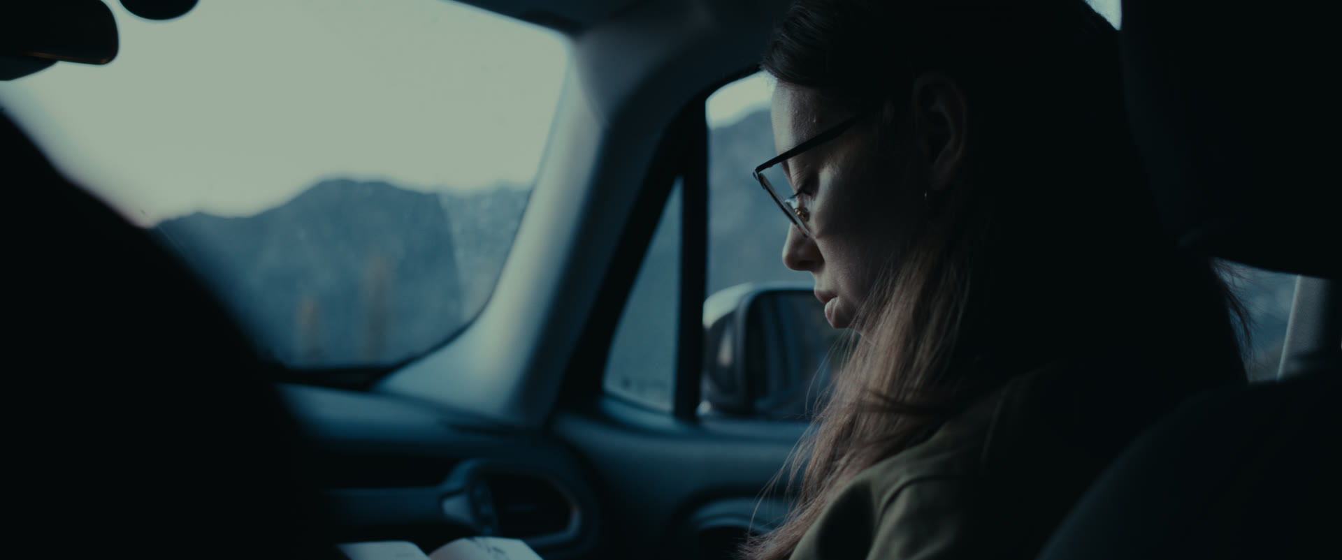 A woman reads in the car with mountains through the window — still from Memories